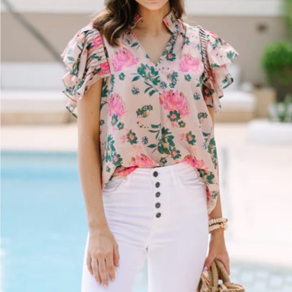 Entro Floral Ruffle Sleeve Blouse Pink Green Boho Cottage Core Teacher Spring - Picture 8 of 9